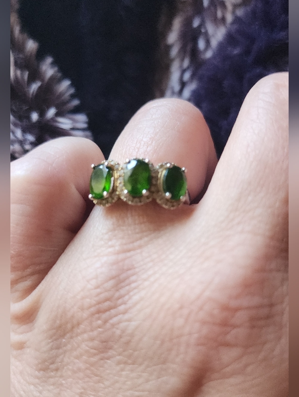 Three-Stone Green Halo Ring - Women's Jewelry